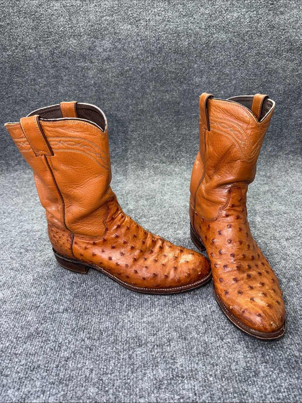 Justin Genuine Ostrich Leather Cowboy Boots Western Cognac Brown Pull On